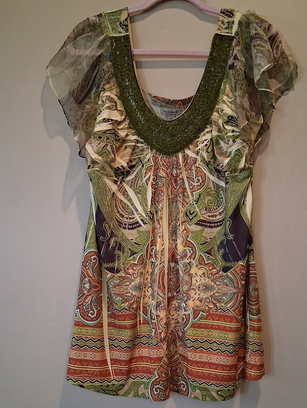 ONE WORLD Beaded Neck Flutter Sleeve Tunic in Green and Multicolor